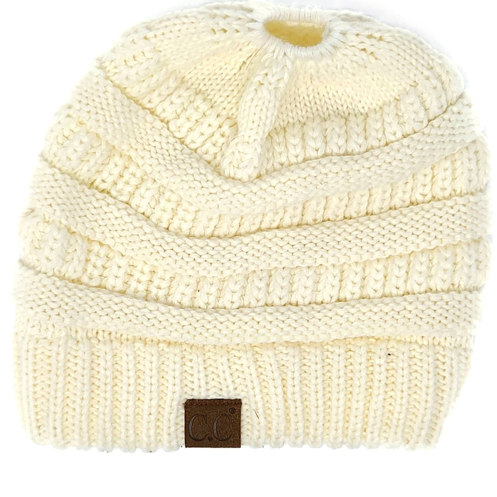 C.C. White Knit Cap For Long Hair One Size Fits